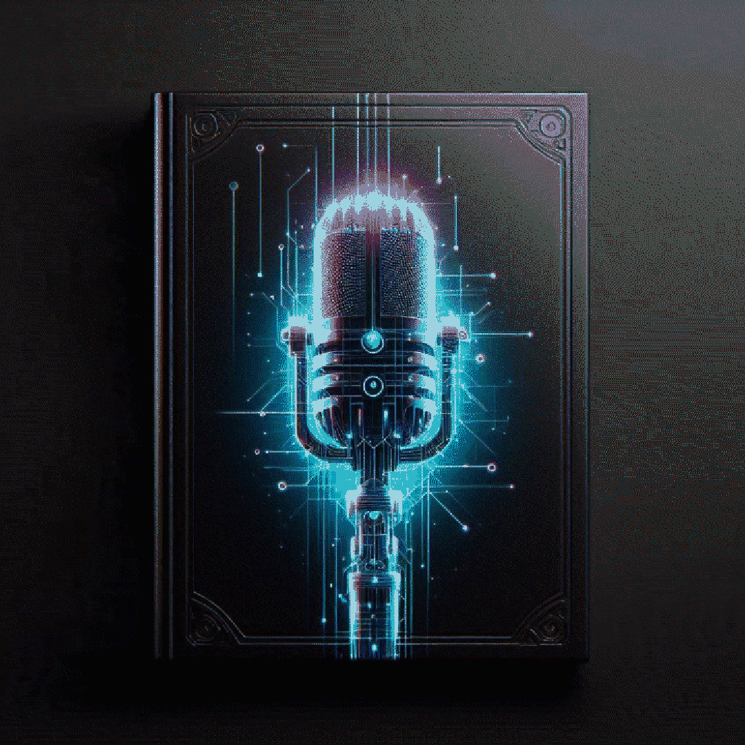AI podcast cover showing a microphone on a book