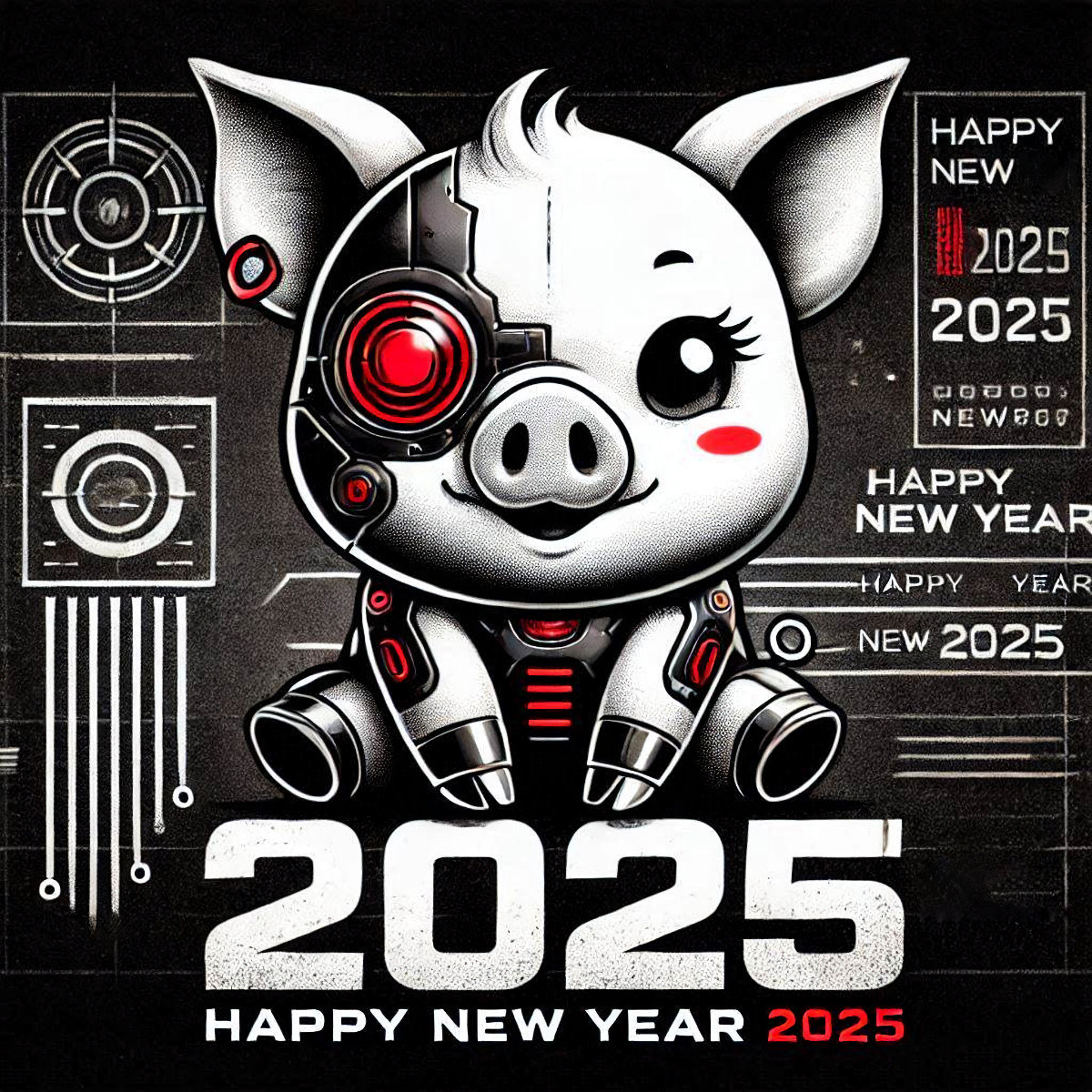 Happy New Year Cyber Piggy Lucky Charm, AI-generated with DALLE-3