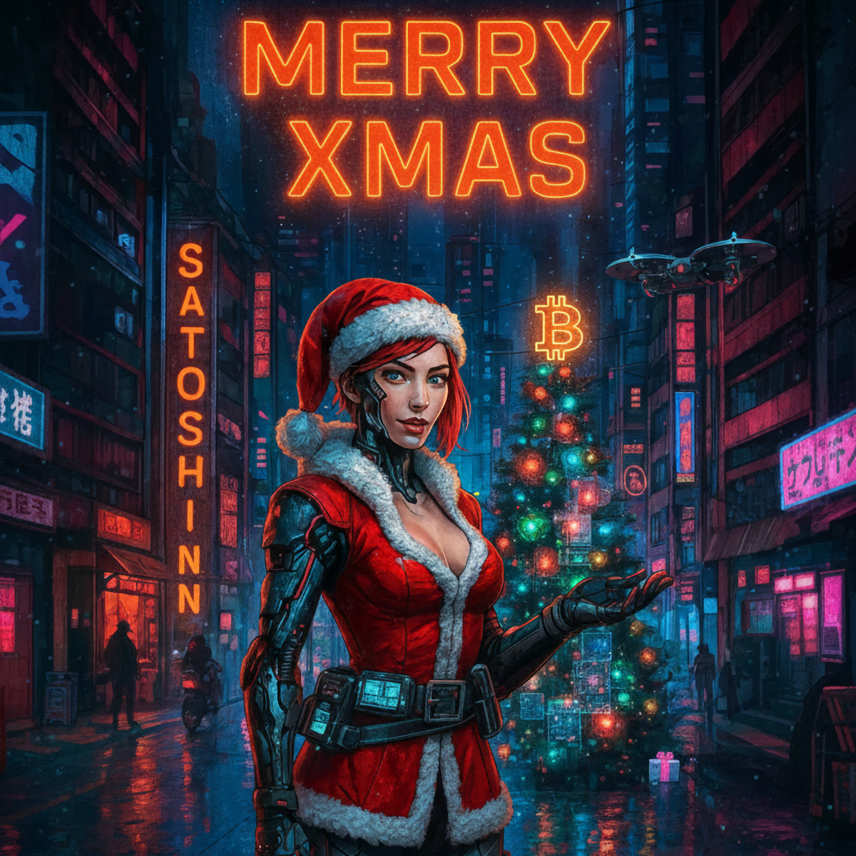 Merry Xmas Cyberpunk Bitcoin Santa Meme AI-generated by Nano Banana